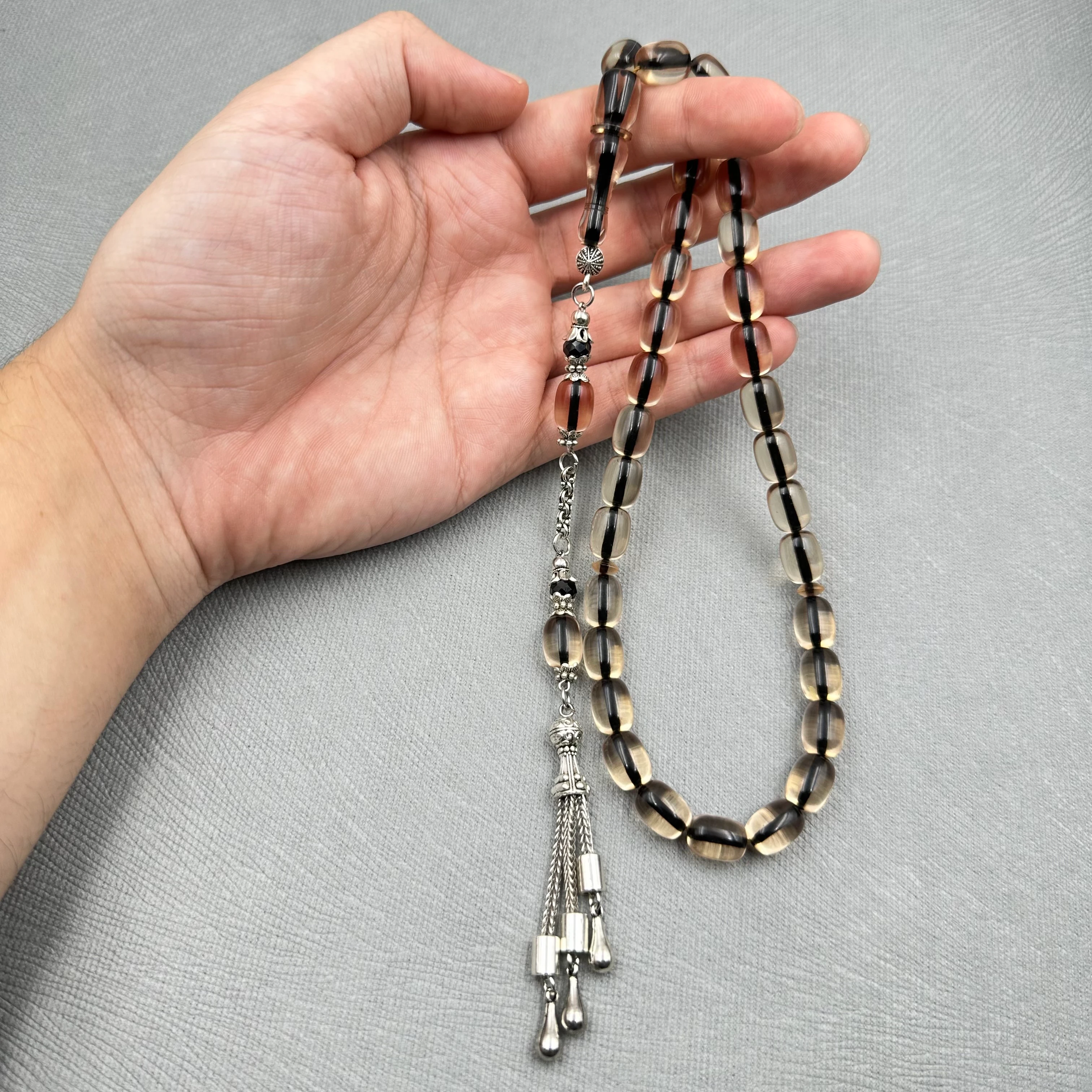 Alpaka Püsküllü Buğulu Hamur Şeffaf Ateş Kehribar Tespih